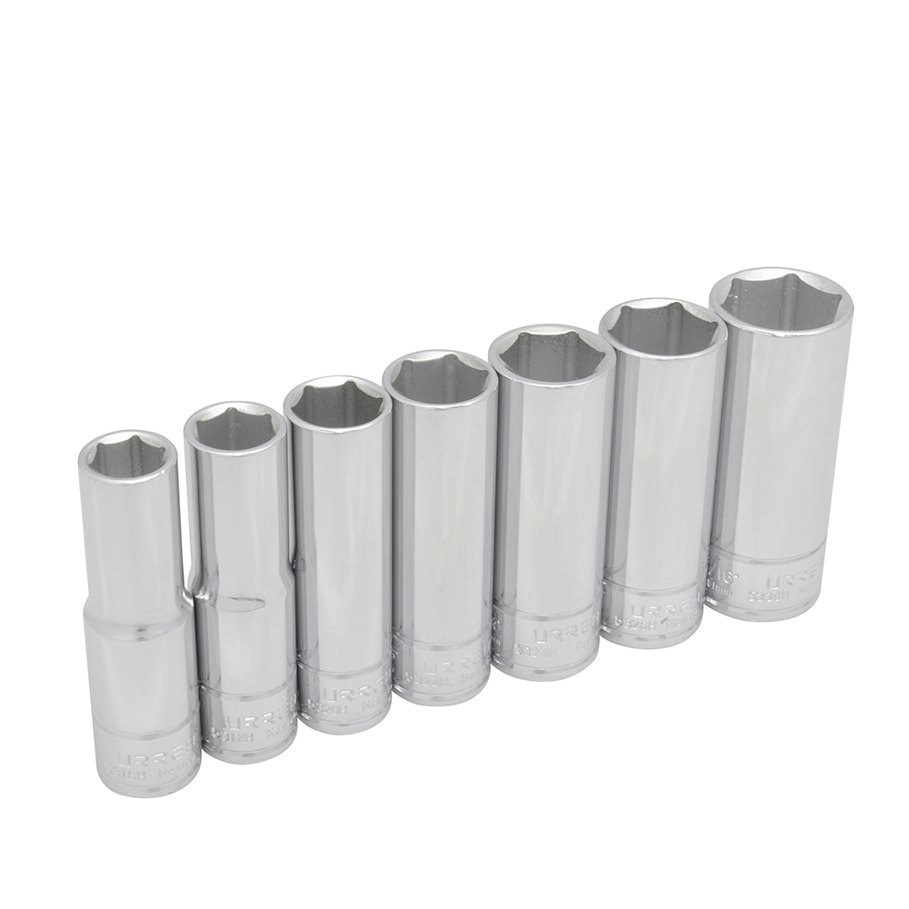 Juego de dados largos cuadro de 1/2", 6 puntas, en pulgadas, 7 piezas Urrea