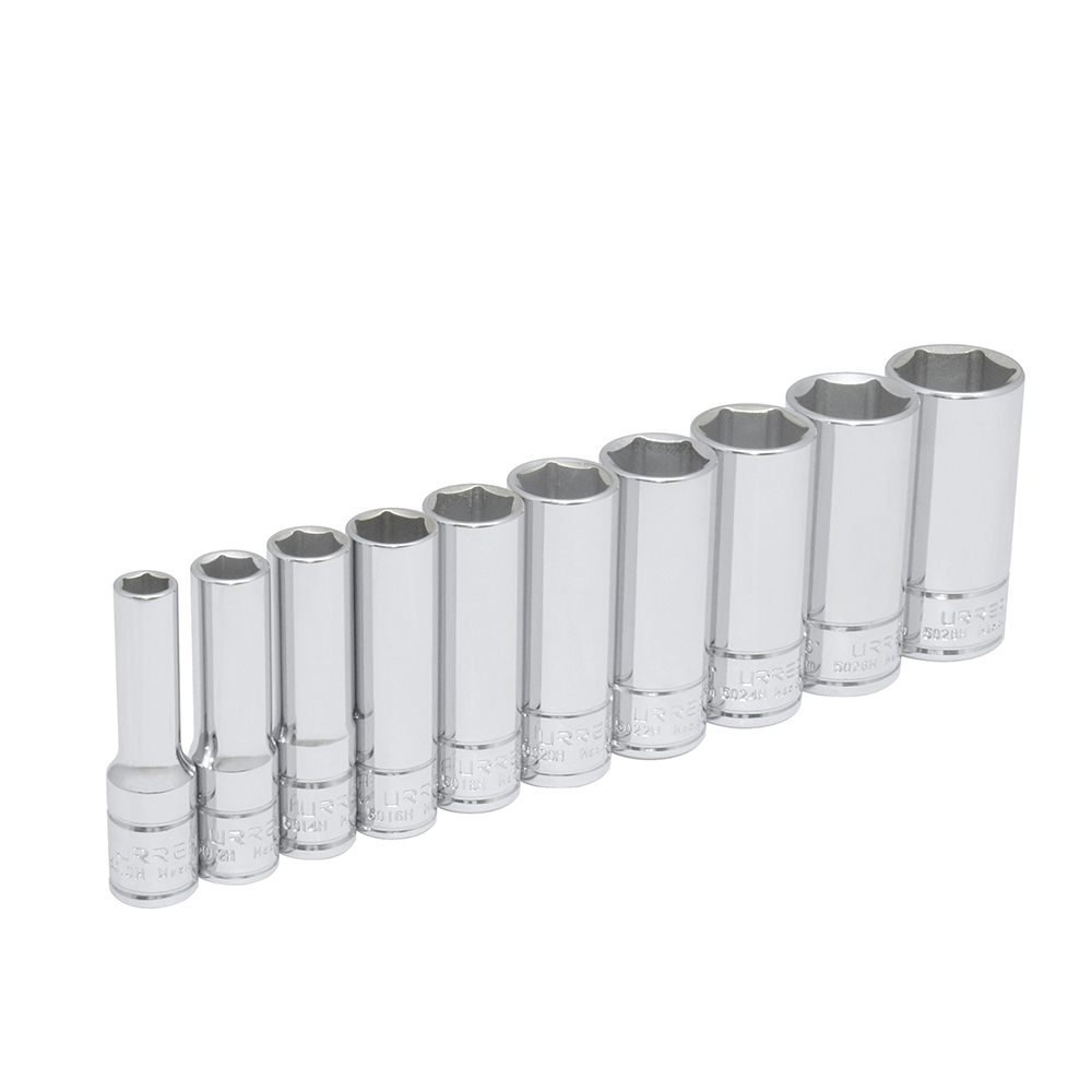 Juego de dados largos cuadro de 3/8", 6 puntas, en pulgadas, 10 piezas Urrea