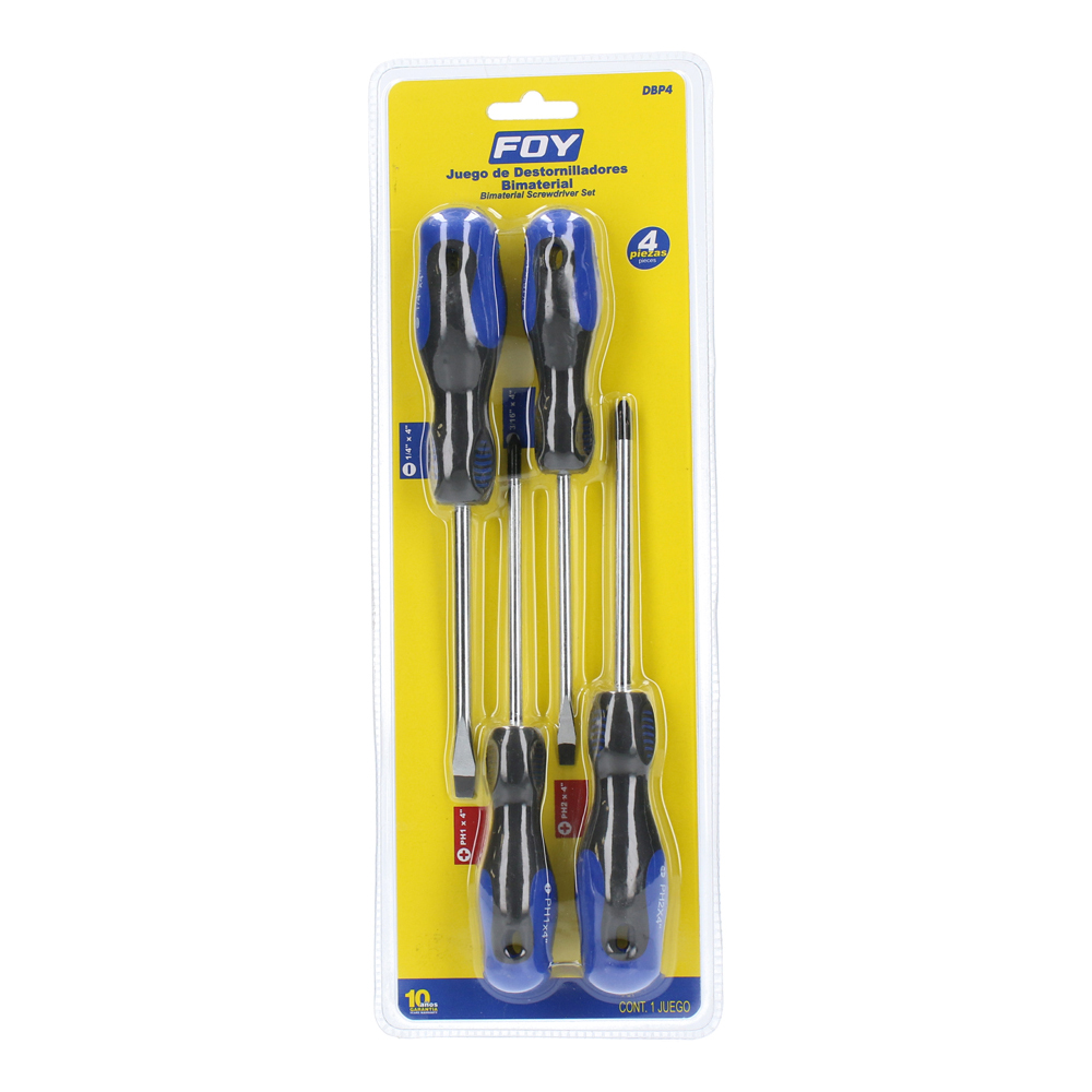 Juego de destornilladores con mango bimaterial combinados, 4 piezas en blíster Foy