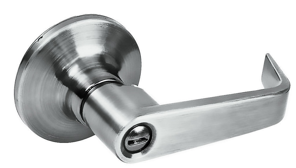 Manija tubular plana función baño, níquel satinado, llave estándar, blíster Lock