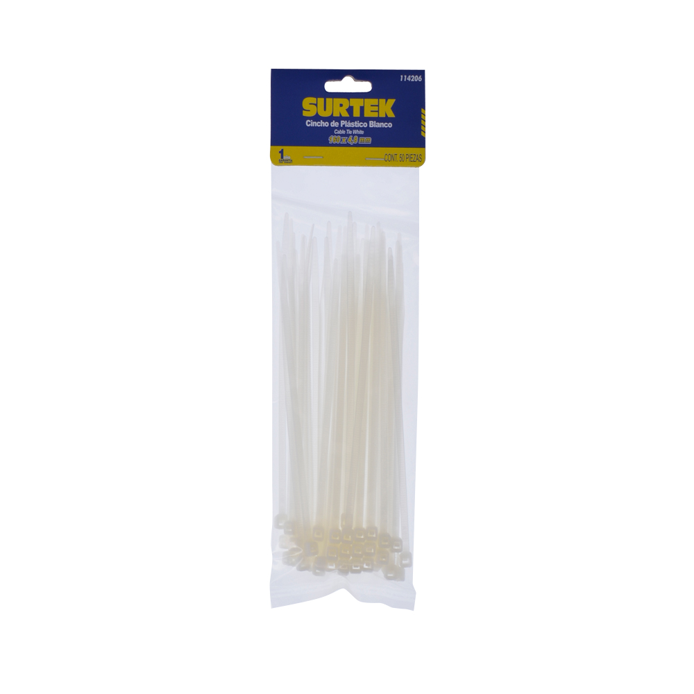 Cinchos plásticos 160 x 4.8 mm, tensión 27 kg de 50 piezas, color natural Surtek