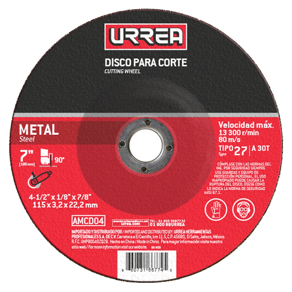 Disco abrasivo tipo 27 para metal, 4-1/2" x 1/4" Urrea