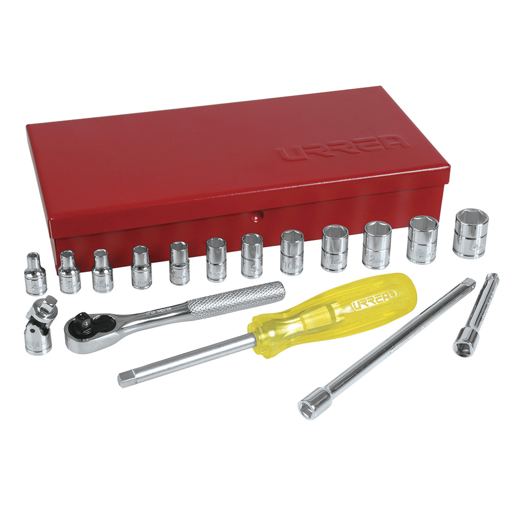 Juego de dados y accesorios cuadro de 1/4" métrico, 18 piezas Urrea