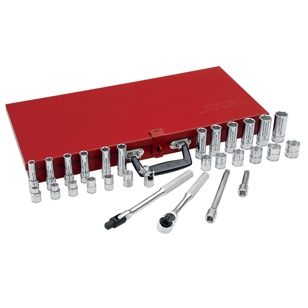 Juego de dados y accesorios cuadro de 3/8" métrico, 30 piezas Urrea