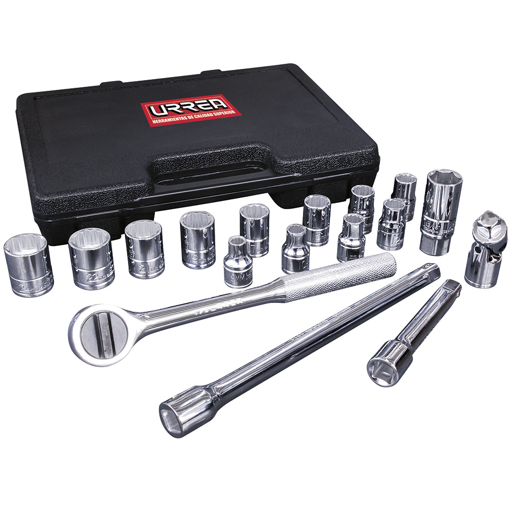 Juego de dados y accesorios cuadro de 1/2" métrico, 17 piezas Urrea