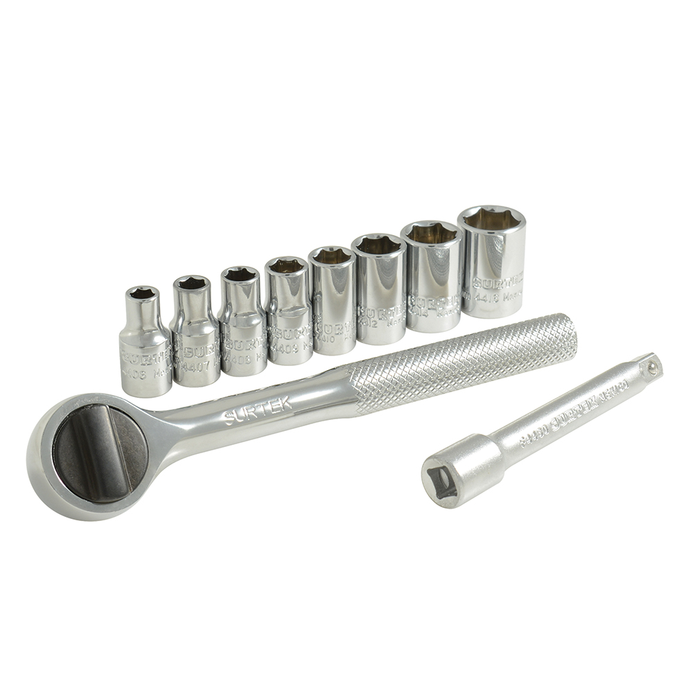 Juego de dados y accesorios cuadro de 1/4" en pulgadas, 10 piezas Surtek
