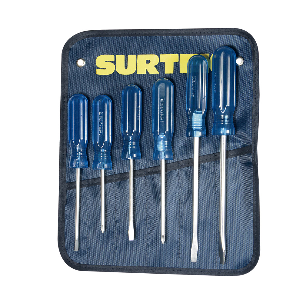Juego de destornilladores con mango azul combinados, 6 piezas en estuche Surtek