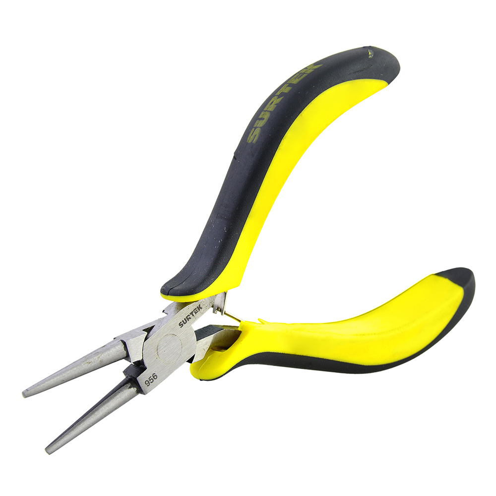 Mini pinza para electrónica con mango bimaterial de 4-3/4" punta redonda Surtek