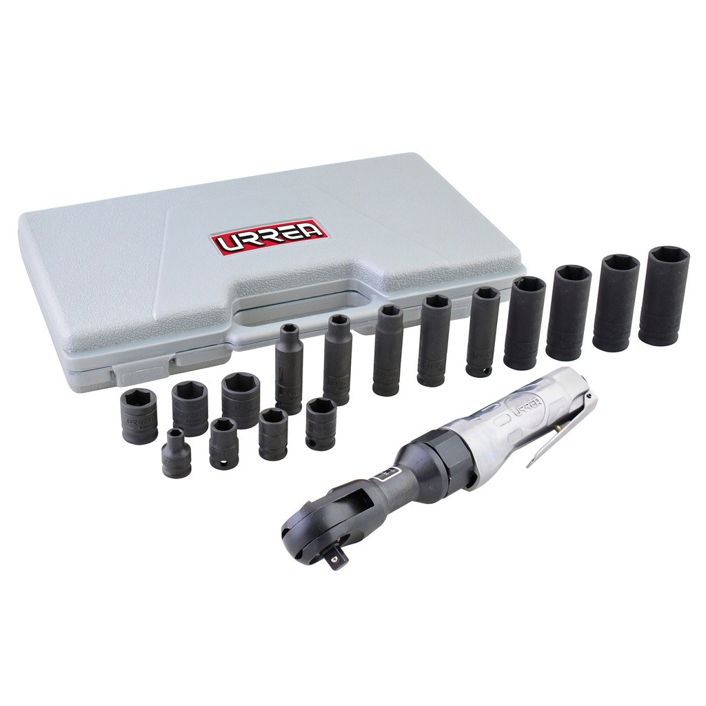 Juego de matraca neumática y dados cuadro de 3/8&#34; métricos, 17 piezas Urrea