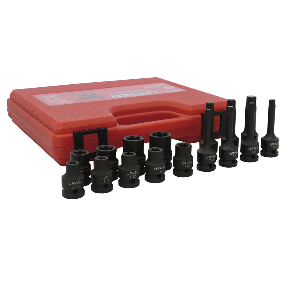 Juego de dados de impacto torx hembra y punta torx cuadro de 1/2", 16 piezas Urrea