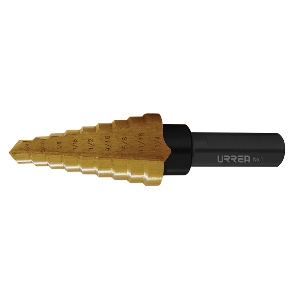 Broca escalonada de acero con doble estría #7, 1/4" a 1-3/8" zanco 3 planos Urrea