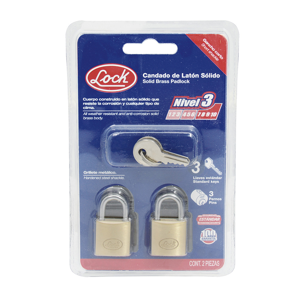 Juego de candados de latón cortos 25 mm, llave estándar, 2 piezas Lock