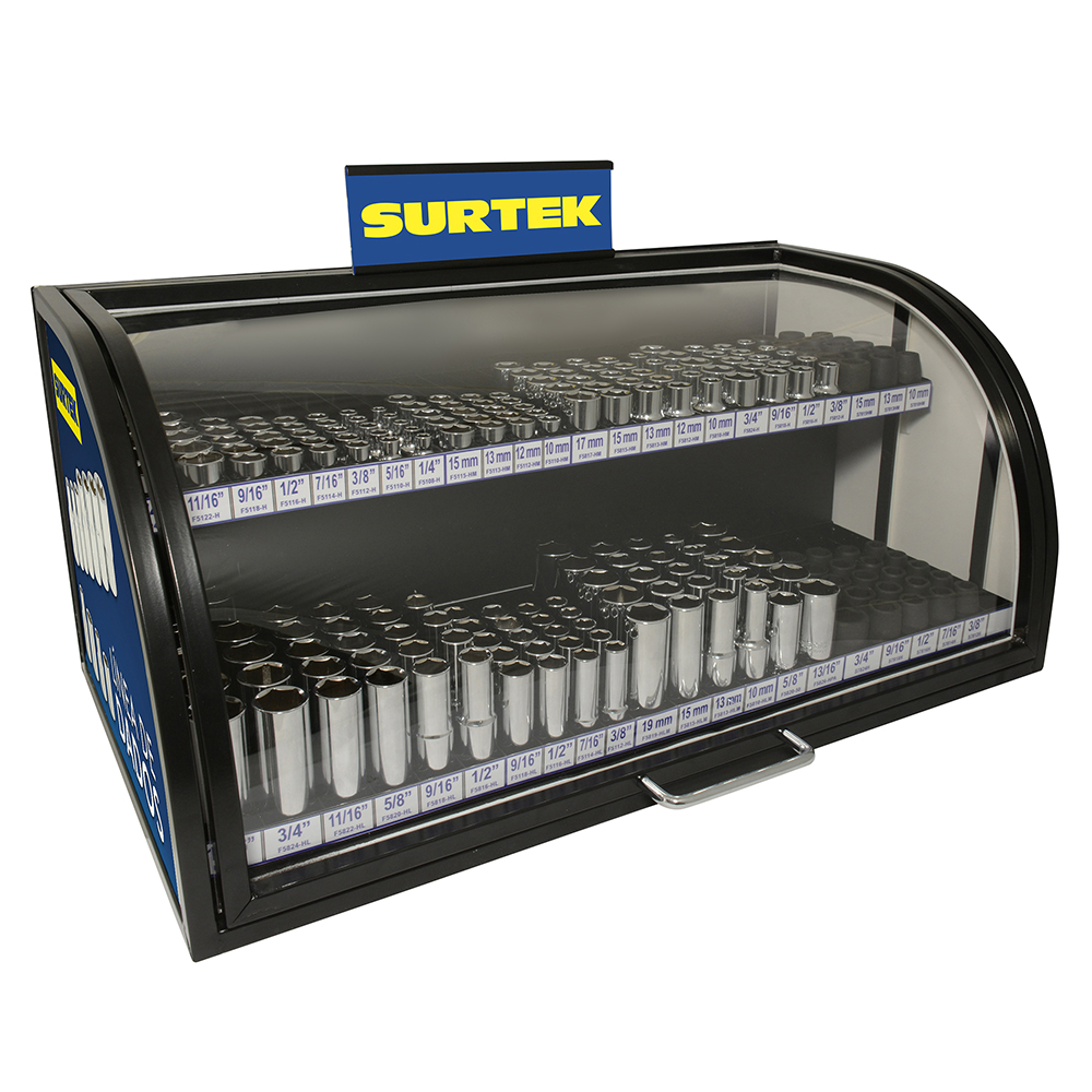 Exhibidor con dados cortos y largos cuadro de 3/8" y 1/2", 271 piezas Surtek