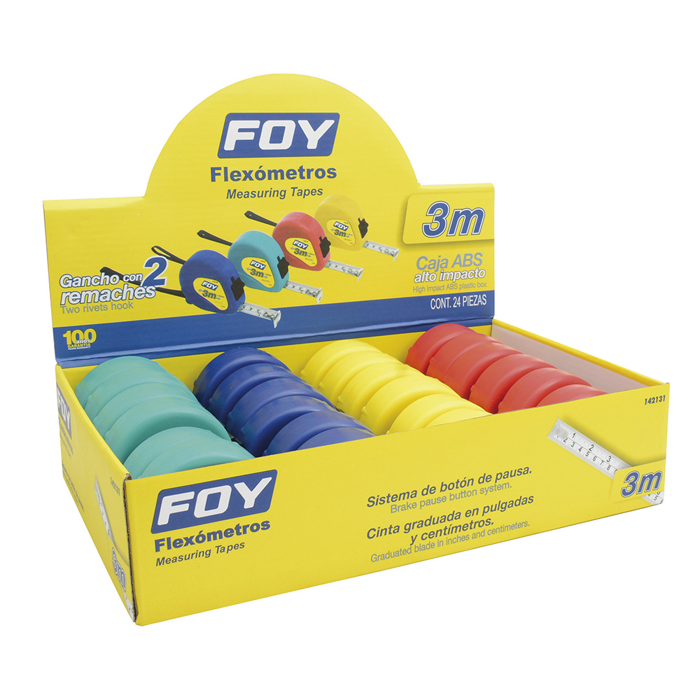 Flexómetros con carcasa de plástico colores en display 3 m x 1/2" Foy, 24 piezas