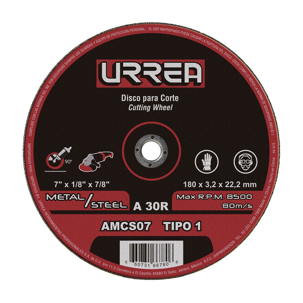 Disco abrasivo tipo 1 para metal 7" x 1/8" Urrea
