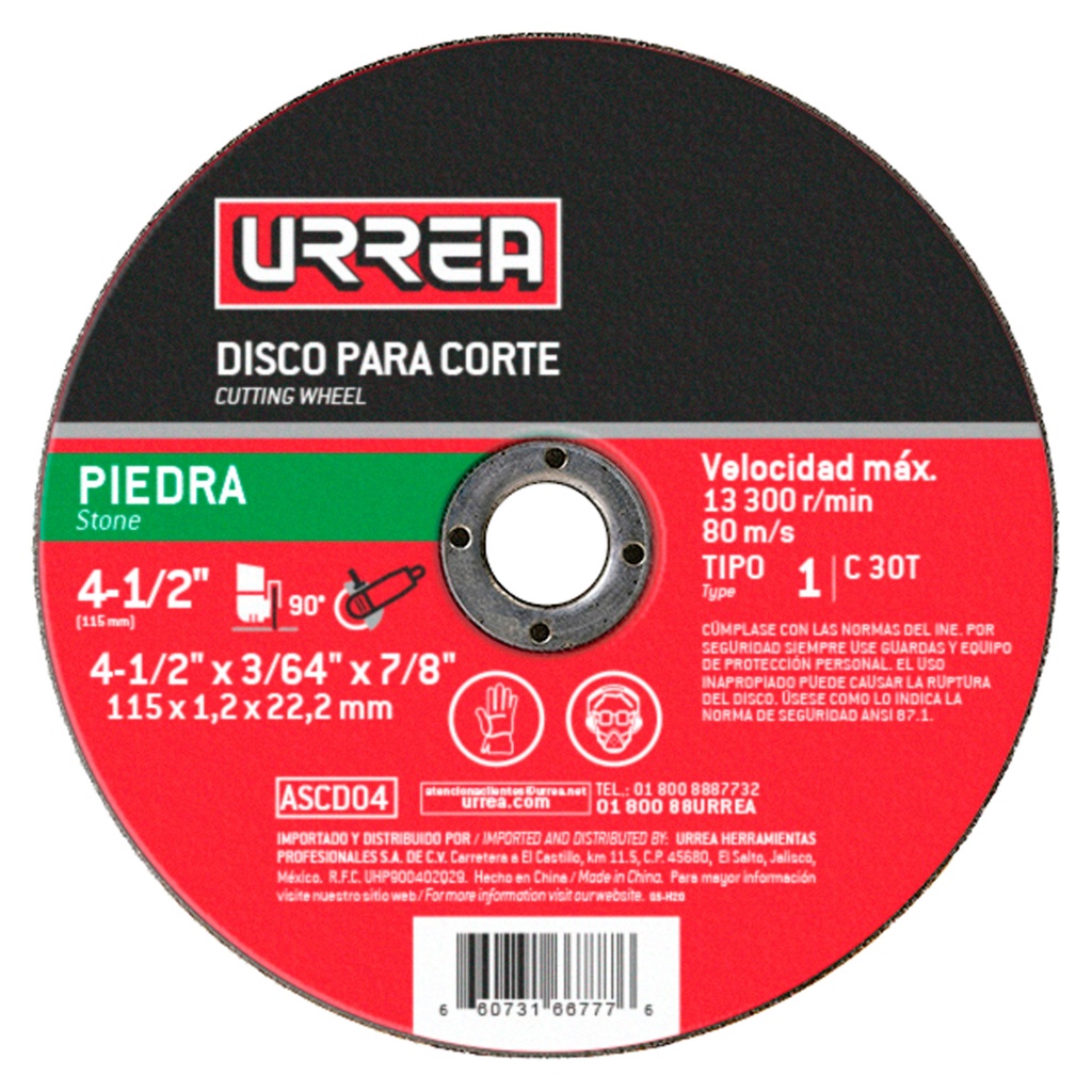 Disco abrasivo tipo 1 para piedra 4-1/2" x 3/64" Urrea