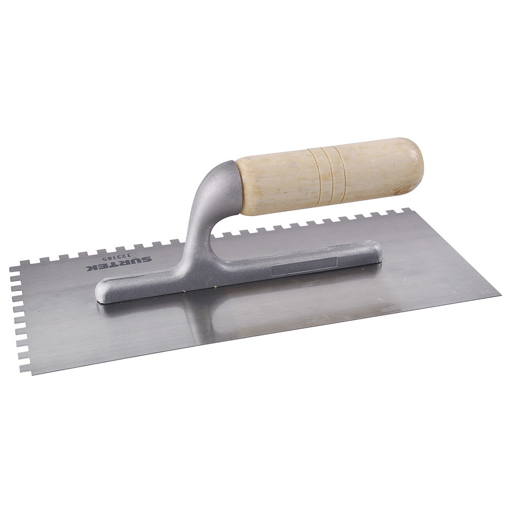 Llana dentada cuadrada de acero al alto carbón con mango de madera 6 remaches, 11" x 5" Surtek