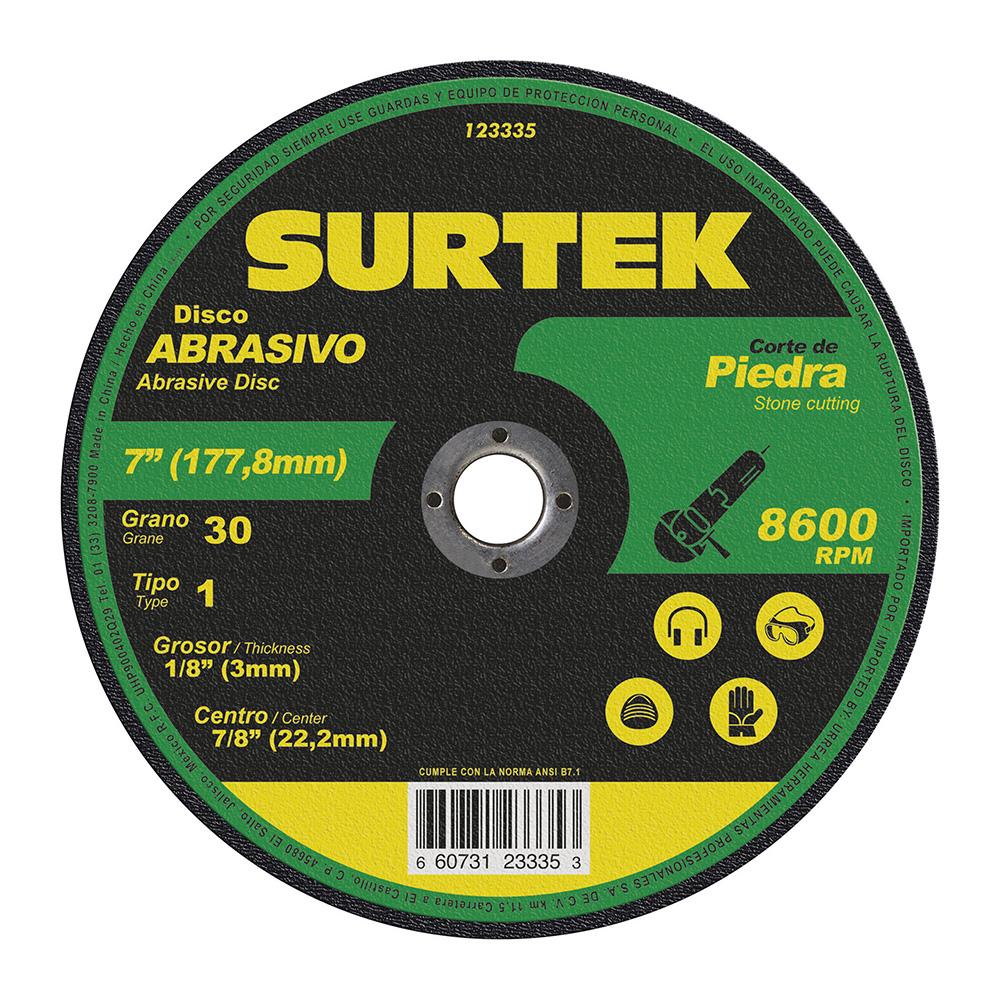Disco abrasivo tipo 1 para piedra 7" x 9/64" Surtek