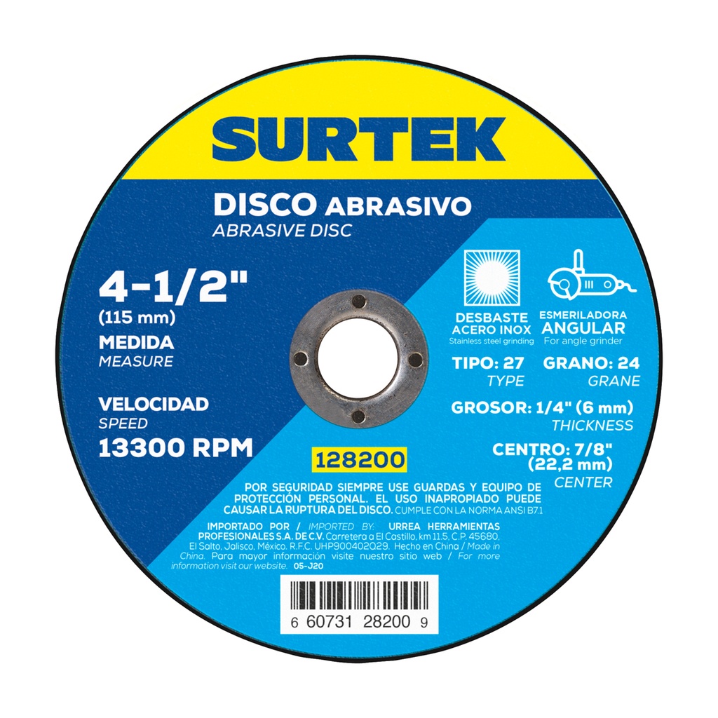 Disco abrasivo tipo 27 para metal 4-1/2" x 1/4" Surtek