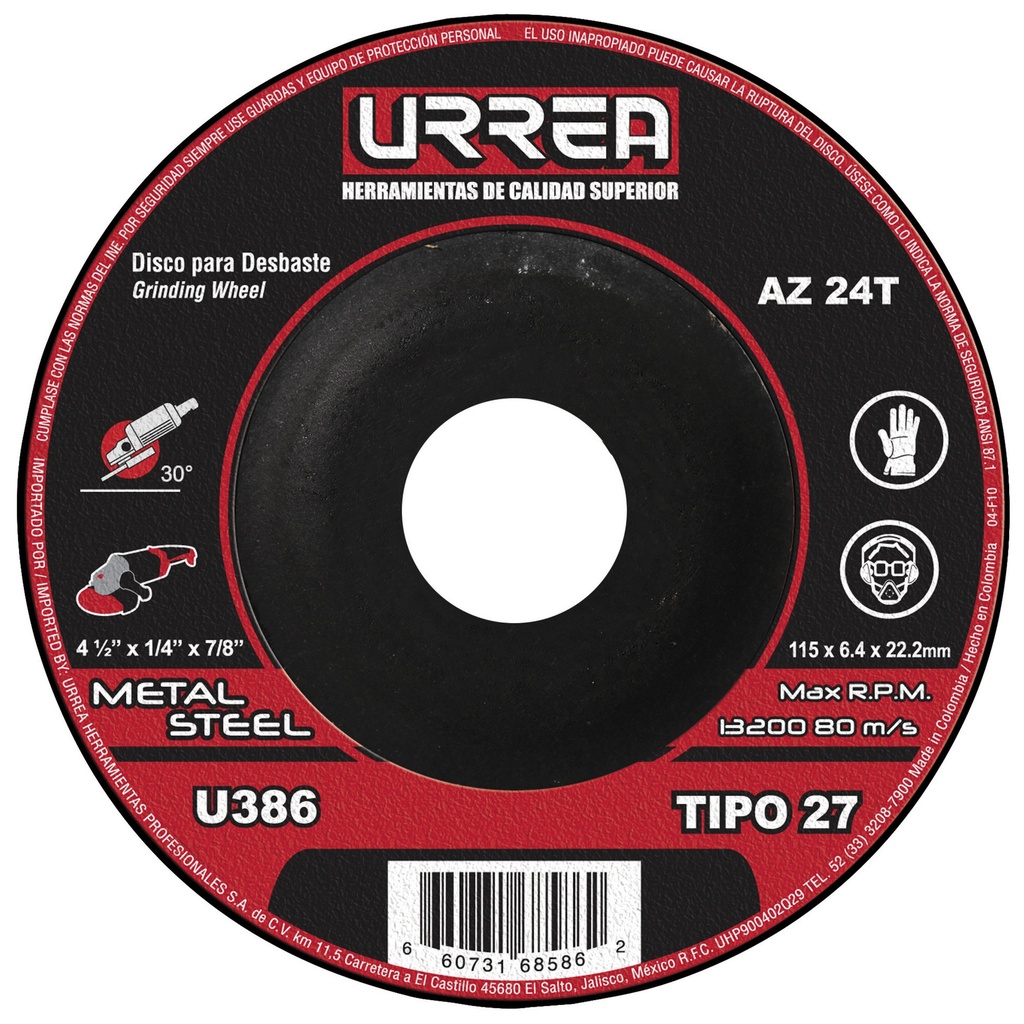 Disco abrasivo tipo 27 para metal, 4-1/2" x 1/4" Urrea