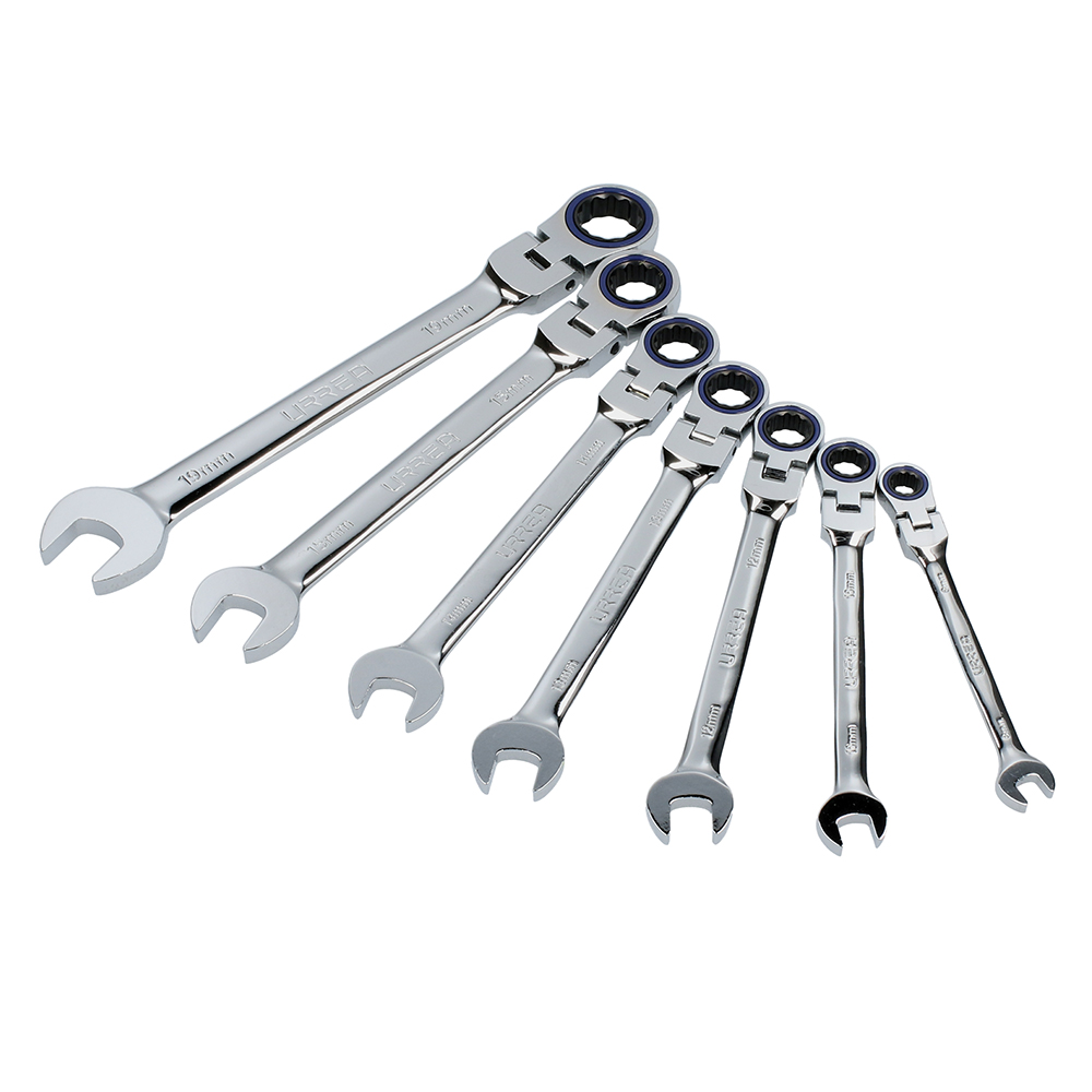 Juego de llaves combinadas pulido espejo de matraca flex mét, 12 puntas,7 pz en rack Urrea