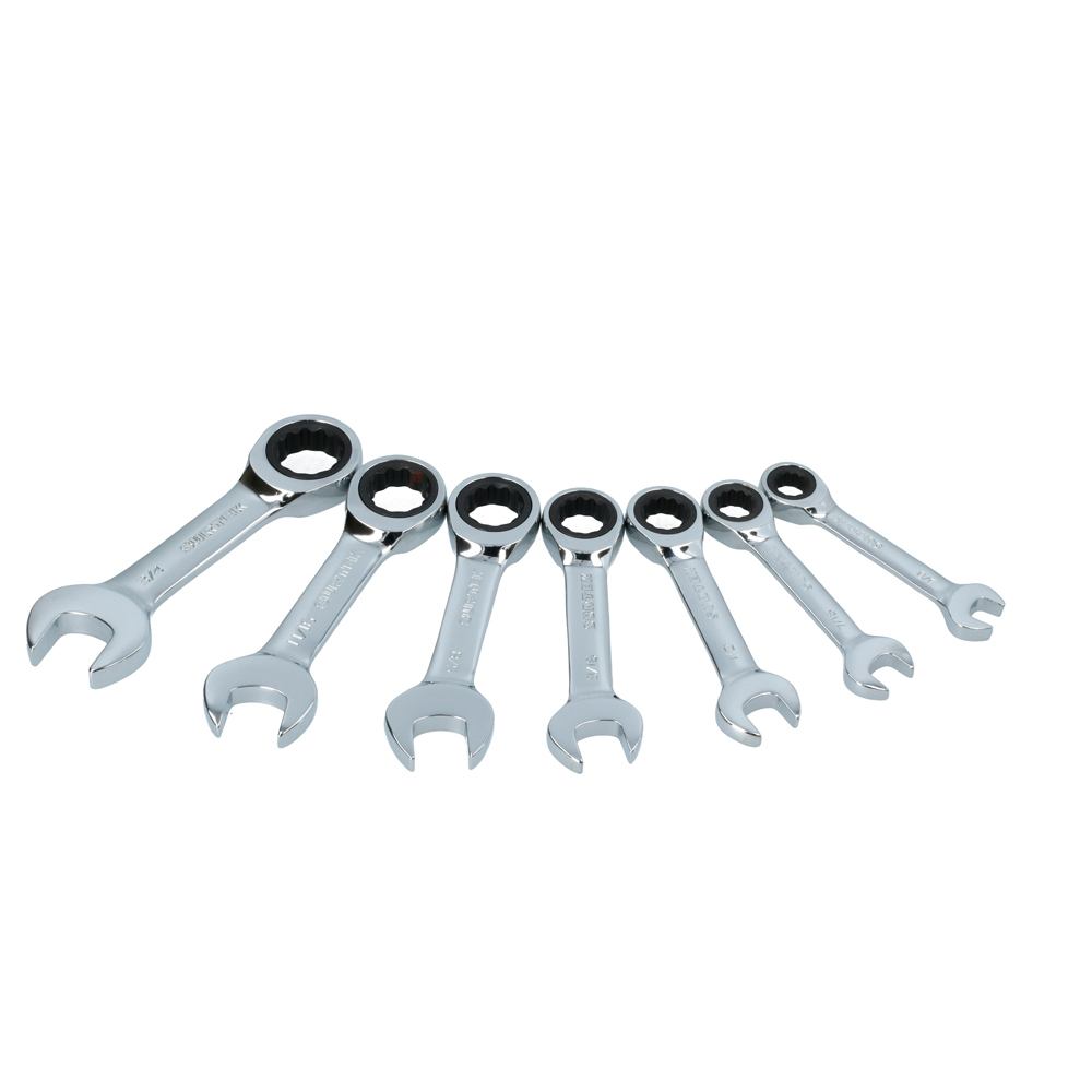 Juego de llaves combinadas pulido espejo de matraca rev mét, 12 puntas,7 pz en rack Surtek