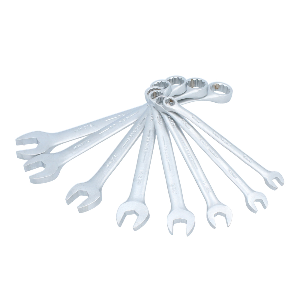 Juego de llaves combinadas satinadas métricas, 12 puntas, 8 piezas en rack Urrea