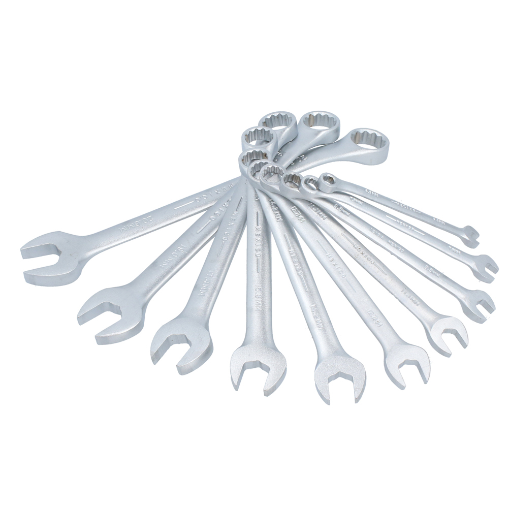 Juego de llaves combinadas satinadas métricas, 12 puntas, 11 piezas en rack Urrea