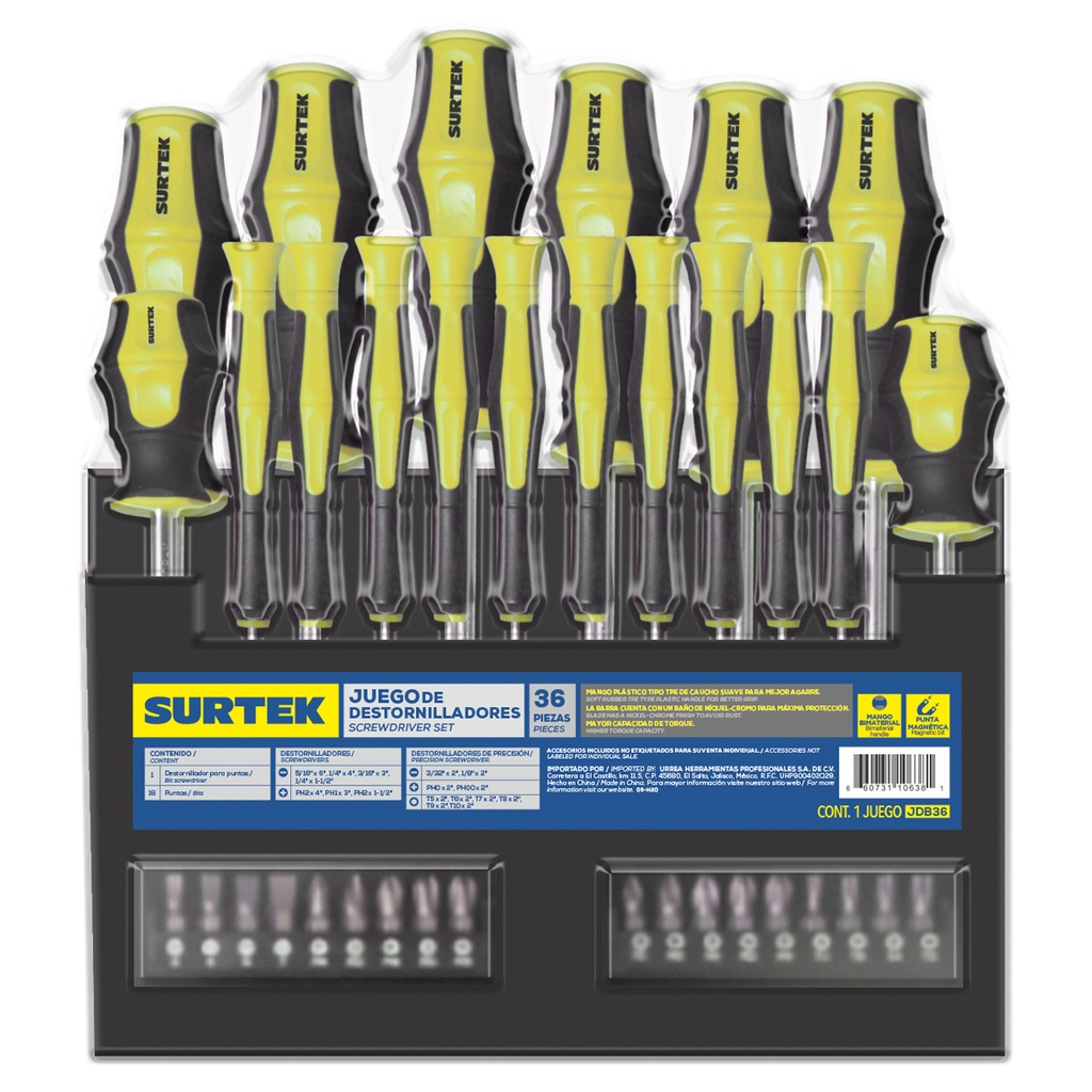 Juego de destornilladores con mango bimaterial combinados, 36 piezas en rack Surtek
