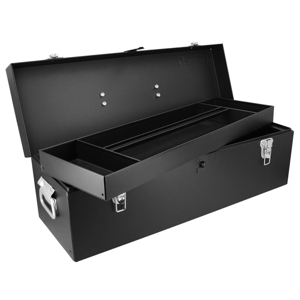 Caja portaherramientas metálica con asa metálica color negro 25" x 8" x 9" Urrea