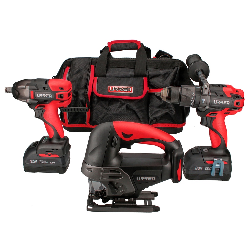 Juego de rotomartillo, pistola de impacto y sierra a batería Li-ion 20 V, 4 pz en maleta Urrea