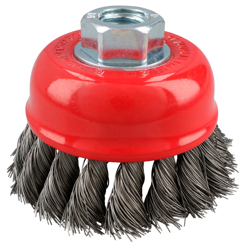 Carda copa trenzada alambre delgado de acero inoxidable 3" x 0.35 mm con rosca 5/8" Urrea