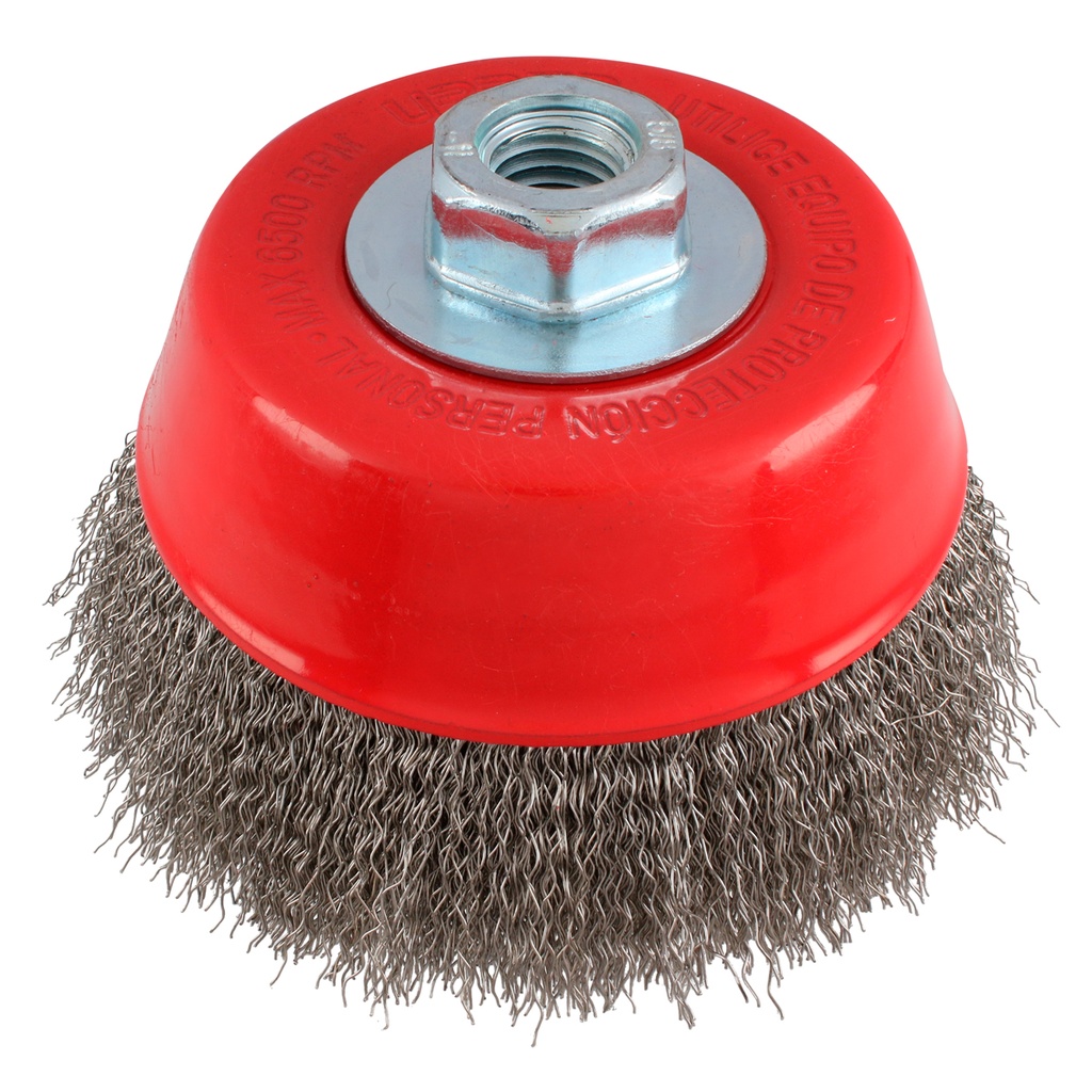 Carda copa ondulada alambre delgado de acero inoxidable 5" x 0.30 mm con rosca 5/8" Urrea