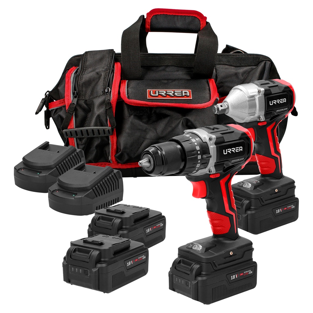 Juego de rotomartillo y pistola de impacto a batería Li-ion 18 V, 3 piezas en maleta Urrea