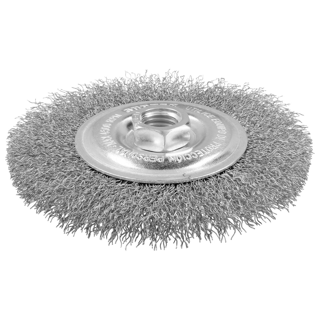 Carda circular ondulada alambre delgado de acero inoxidable 6" x 0.30 mm con rosca 5/8" Surtek