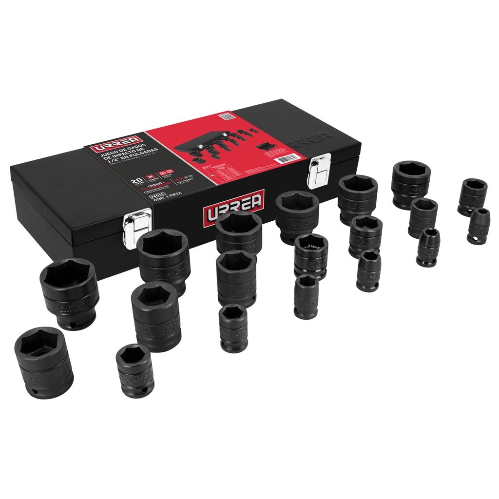 Juego de dados de impacto cuadro de 1/2", 6 puntas, en pulgadas, 19 piezas en caja Urrea