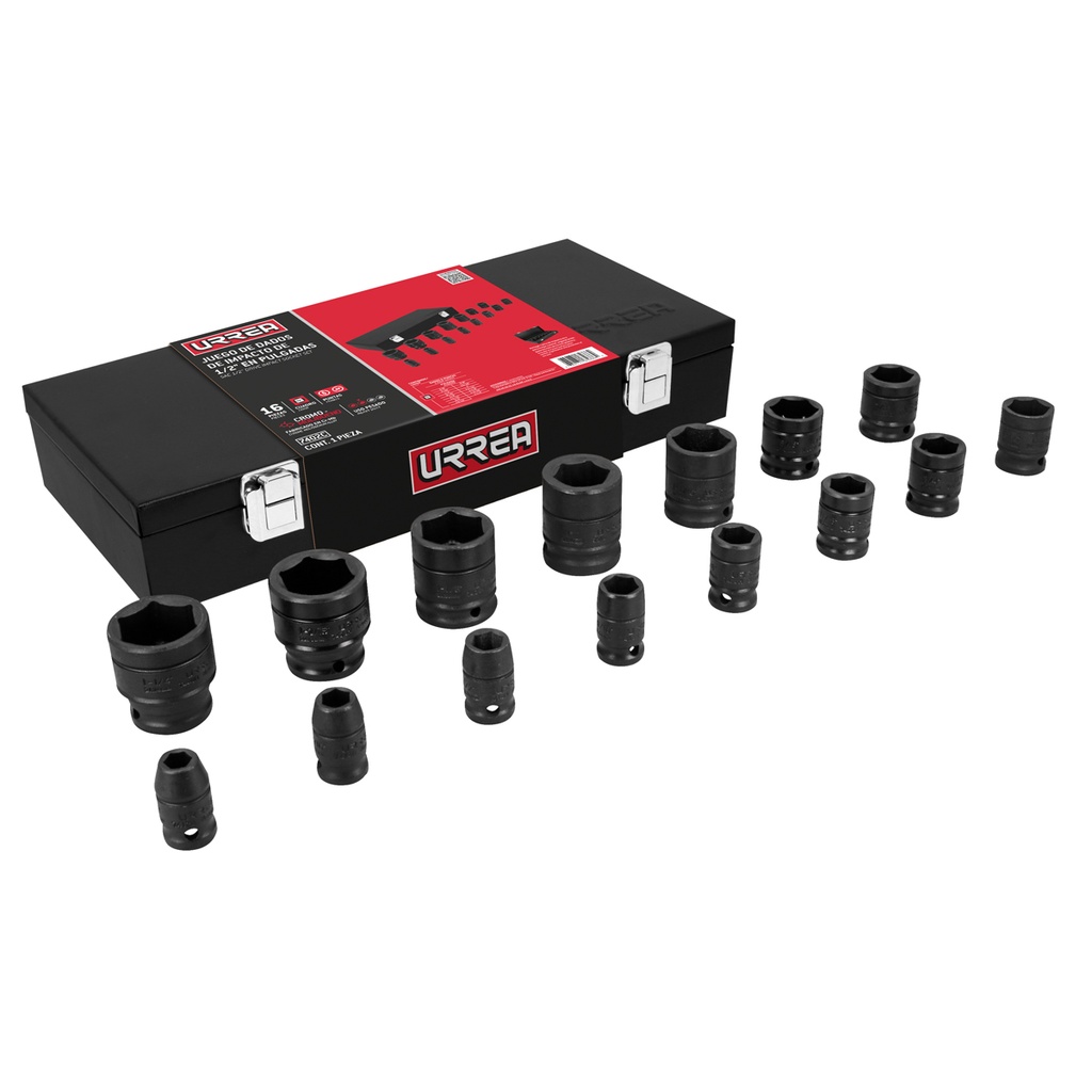 Juego de dados de impacto cuadro de 1/2", 6 puntas, en pulgadas, 15 piezas en caja Urrea