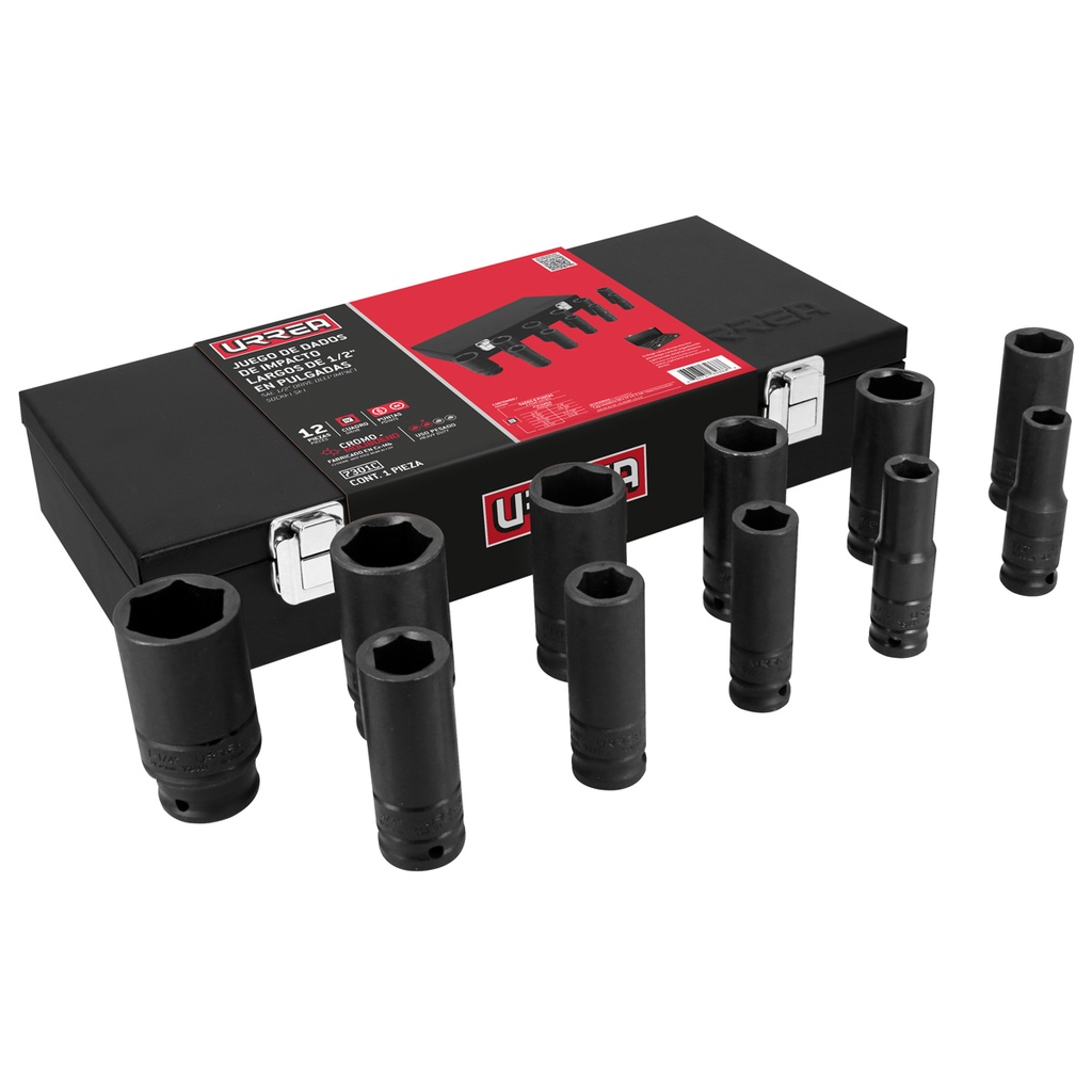 Juego de dados largos de impacto cuadro de 1/2", 6 puntas,  en pulgadas, 11 piezas Urrea