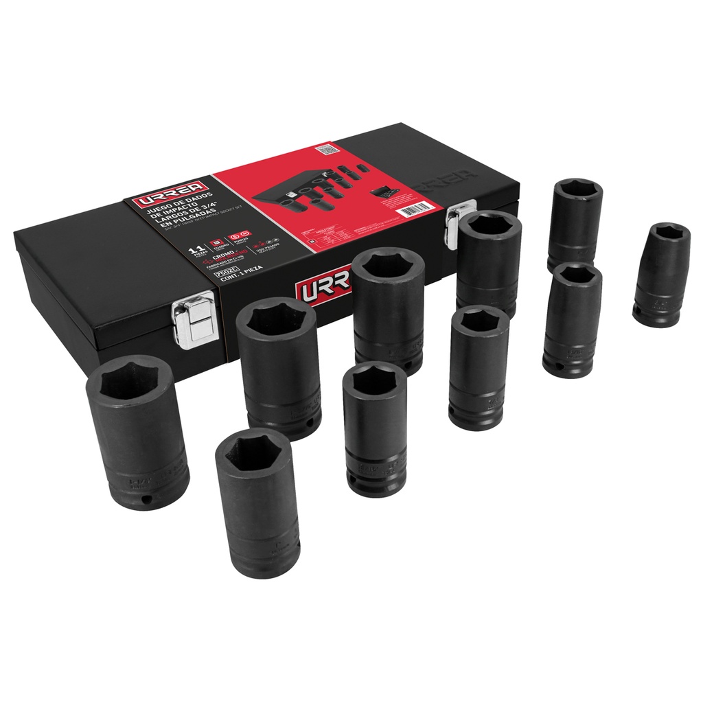 Juego de dados largos de impacto cuadro de 3/4", 6 puntas, en pulgadas, 10 piezas Urrea