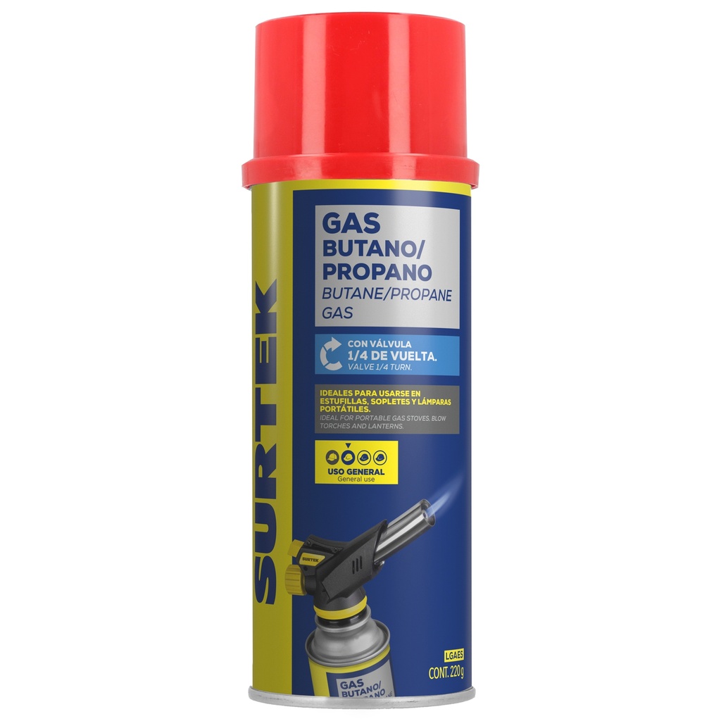 Lata de gas butano/propano con válvula 1/4 de vuelta 220 g Surtek