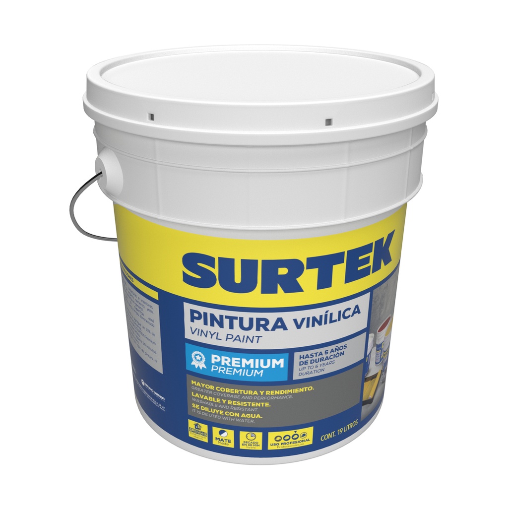 Cubeta de pintura vinílica premium 19 Lt color blanco Surtek