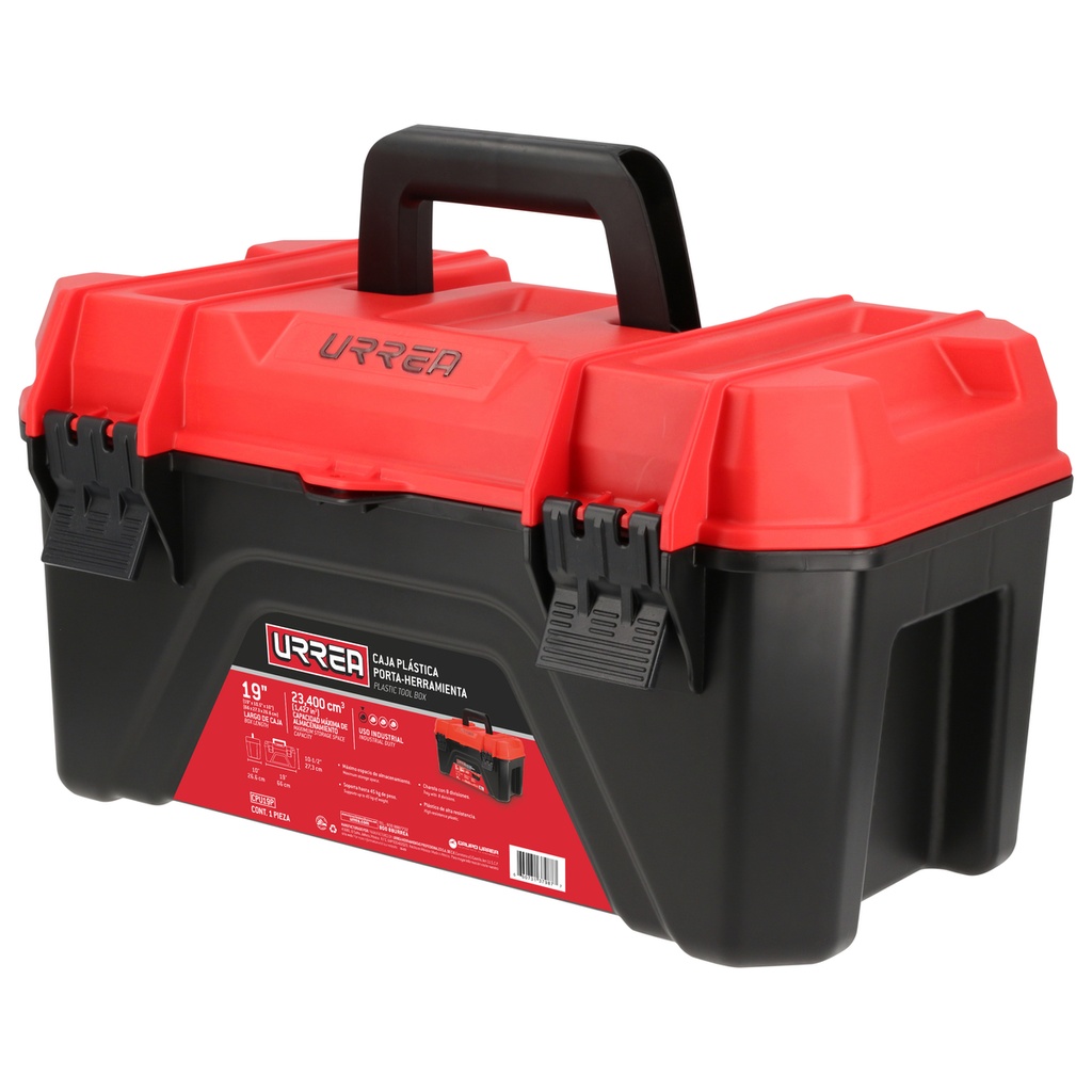 Caja porta herramientas plástico con broches plásticos y charola negro tapa roja 19"x10" Urrea