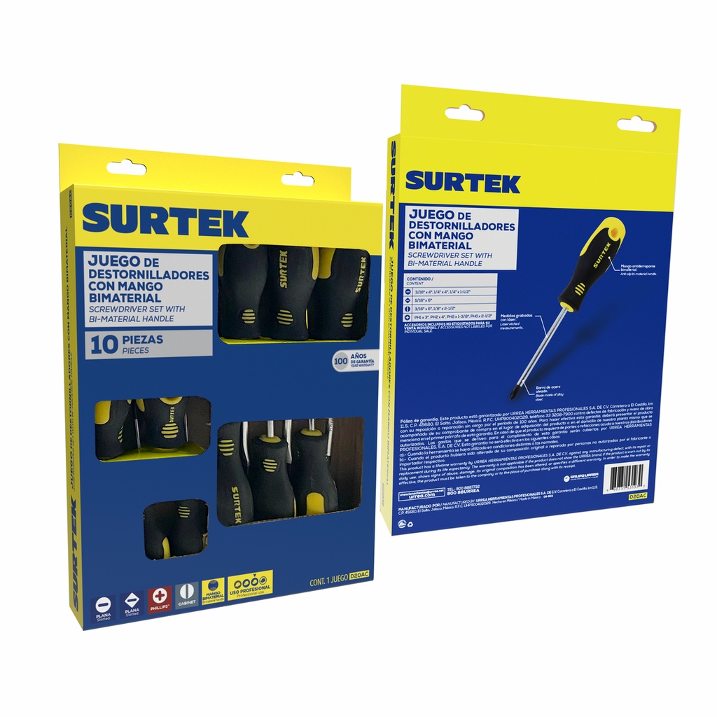 Juego de destornilladores con mango bimaterial combinados, 10 piezas en caja de cartón Surtek