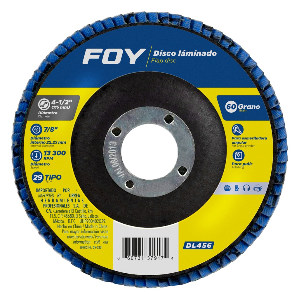 Disco laminado tipo 29 grano 60, 4-1/2" Foy