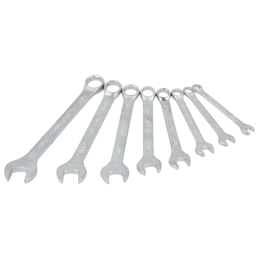 Juego de llaves combinadas satinadas en pulgadas, 12 puntas, 8 piezas en rack Surtek