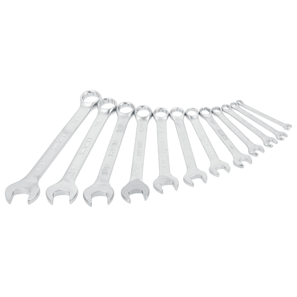Juego de llaves combinadas satinadas en pulgadas, 12 puntas, 12 piezas en rack Surtek