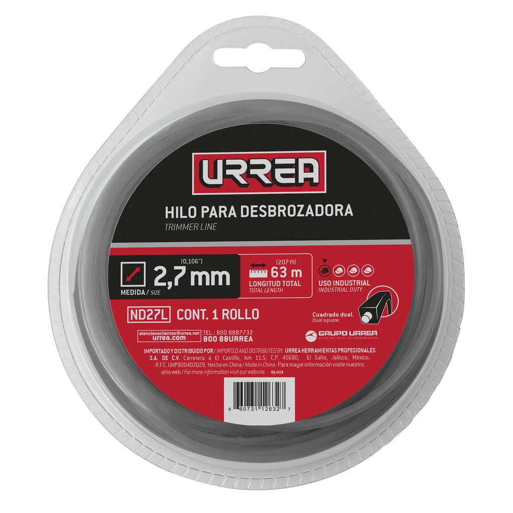 Nailon cuadro dual para desbrozadora doble blister, 2.7 mm x 63 m Urrea