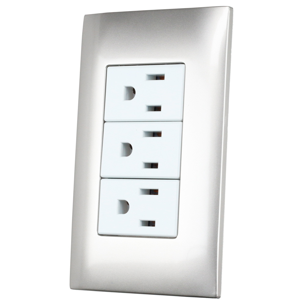 Placa 3 contactos 1/3, línea Americana, color plata Surtek