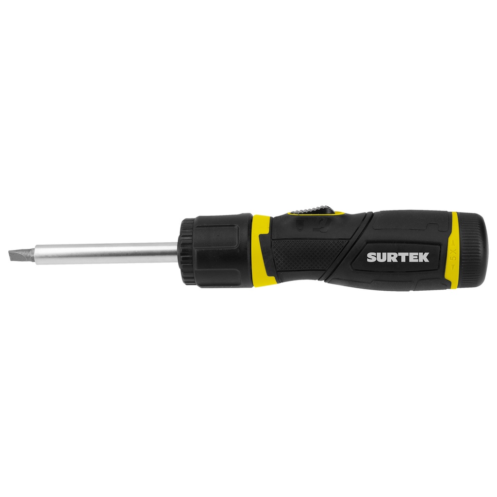 Destornillador con mango bimaterial flexible de matraca reversible 5X con puntas intercambiables 13 en 1 Surtek