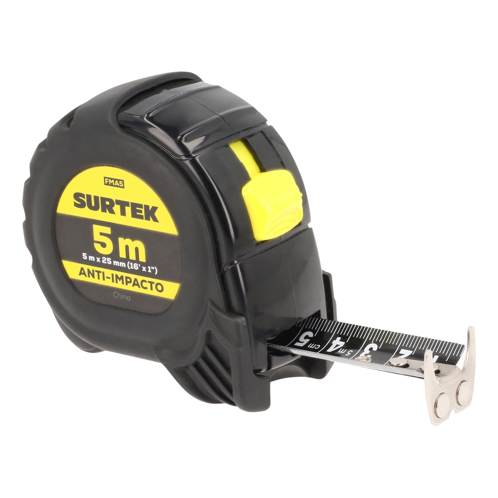 Flexómetro con carcasa anti-impacto cinta color negro 5 m x 25 mm Surtek